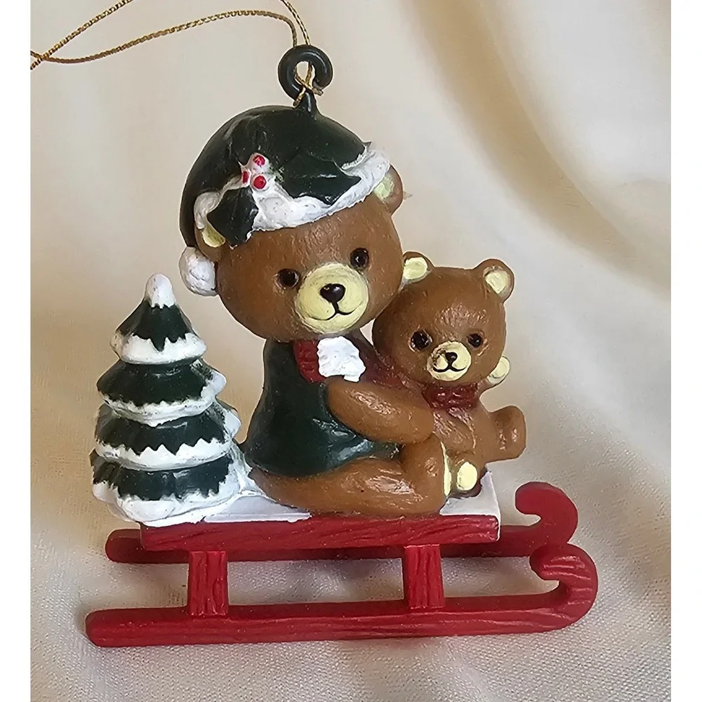 Teddy Bears on Sled Christmas Ornament OS Brown Red Festive Resin
